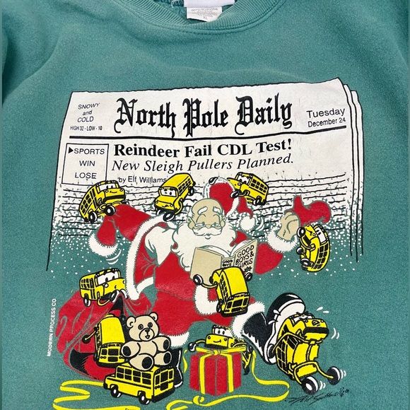 Vintage 90s Lee Christmas North Pole Daily Sweatshirt Crewneck  Green - Size XL - Picture 5 of 7